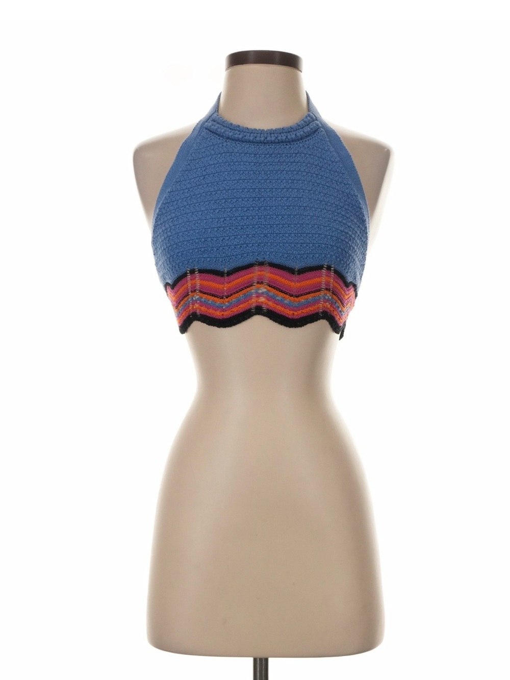 Zara Blue Crochet Halter Top with Pink Orange and Black Wave Trim